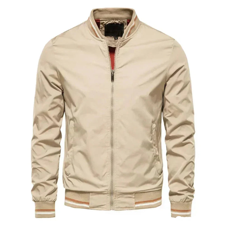 "Men's lightweight summer bomber jacket with ribbed cuffs, zip closure, sleek design in green, ideal for casual or evening we