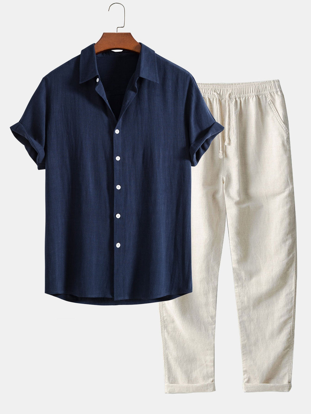 "Men's Linen Summer Set, short-sleeve shirt and pants, breathable, versatile, in Beige, Coffee, and Navy for casual elegance.