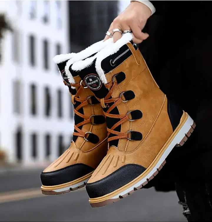 Men's mid-calf waterproof insulated snow boots with brown synthetic exterior and plush lining for winter warmth and protectio