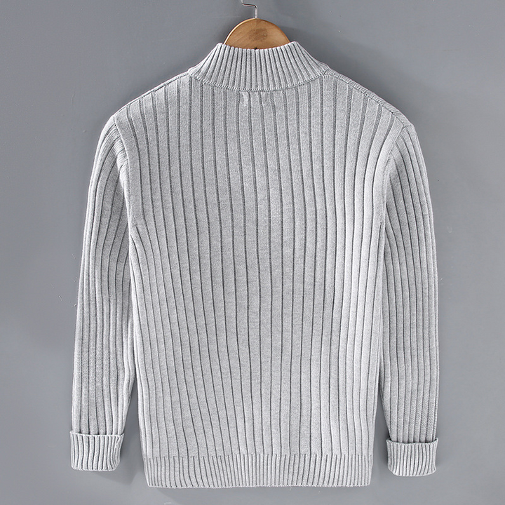 Men's modern zip-up cardigan, sleek design, versatile neutral colors, ideal for casual or office wear with comfortable fit.