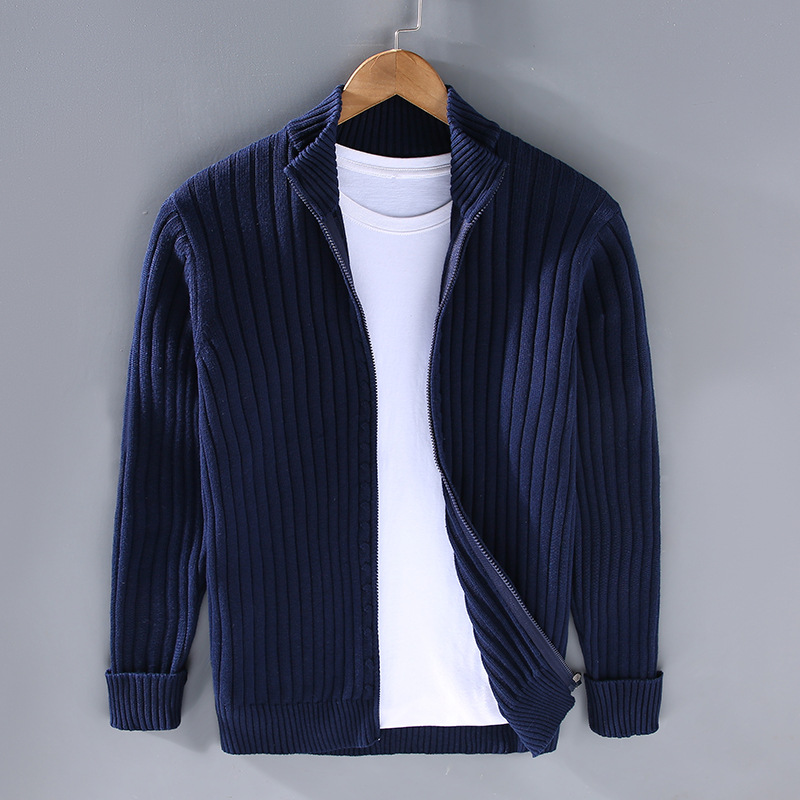 Men's modern zip-up cardigan, sleek design, versatile neutral colors, ideal for casual or office wear with comfortable fit.