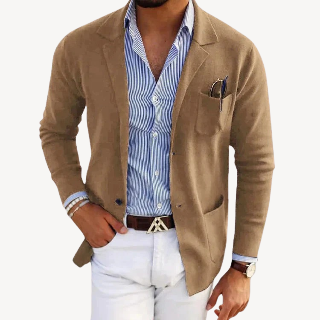 "Men's navy slim fit cotton blend blazer with notched lapel shown front view, perfect for casual and smart occasions."
