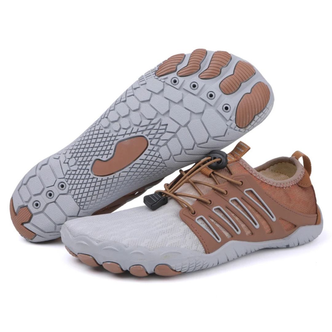 "Men's orthopedic barefoot shoes with flexible sole, ergonomic design, shown in dynamic colors for comfort and support."