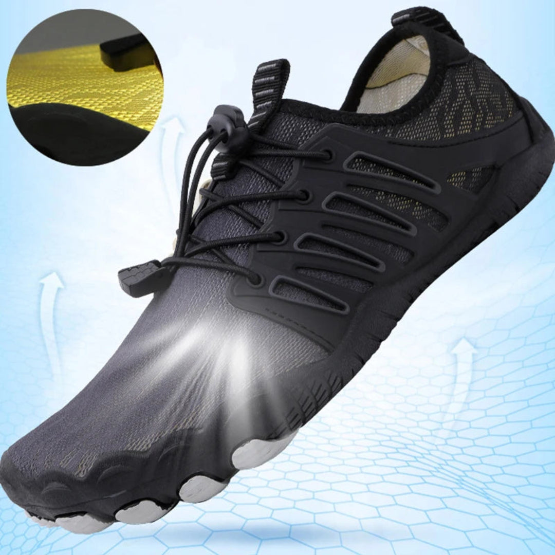 "Men's orthopedic barefoot shoes with flexible sole, ergonomic design, shown in dynamic colors for comfort and support."