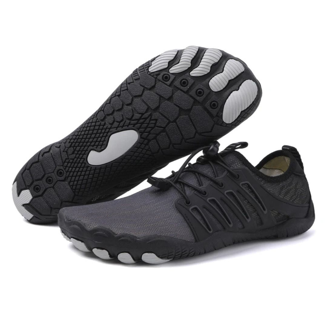 "Men's orthopedic barefoot shoes with flexible sole, ergonomic design, shown in dynamic colors for comfort and support."