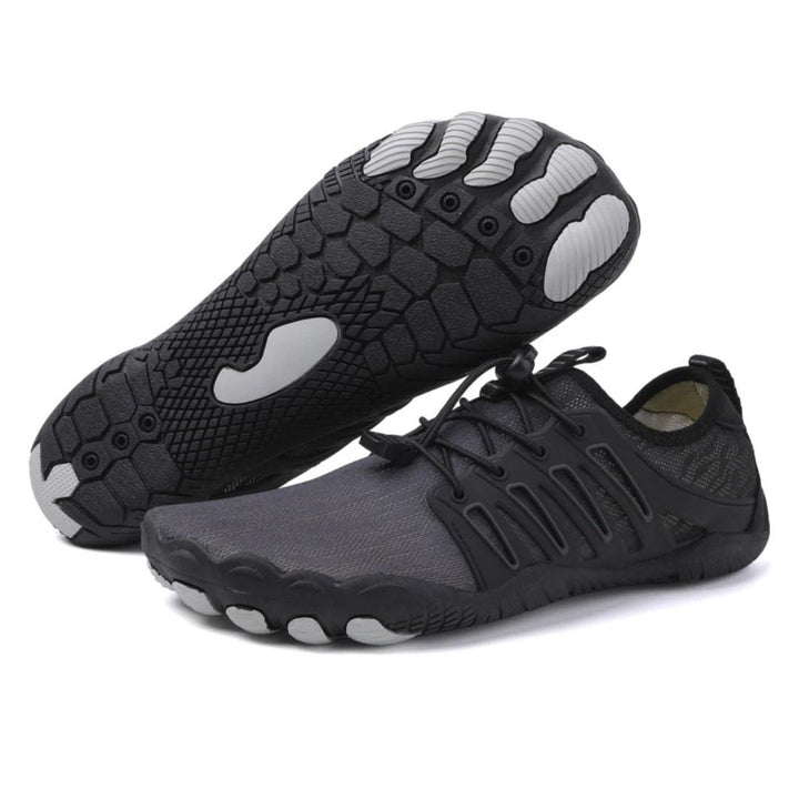 "Men's orthopedic barefoot shoes with flexible sole, ergonomic design, shown in dynamic colors for comfort and support."