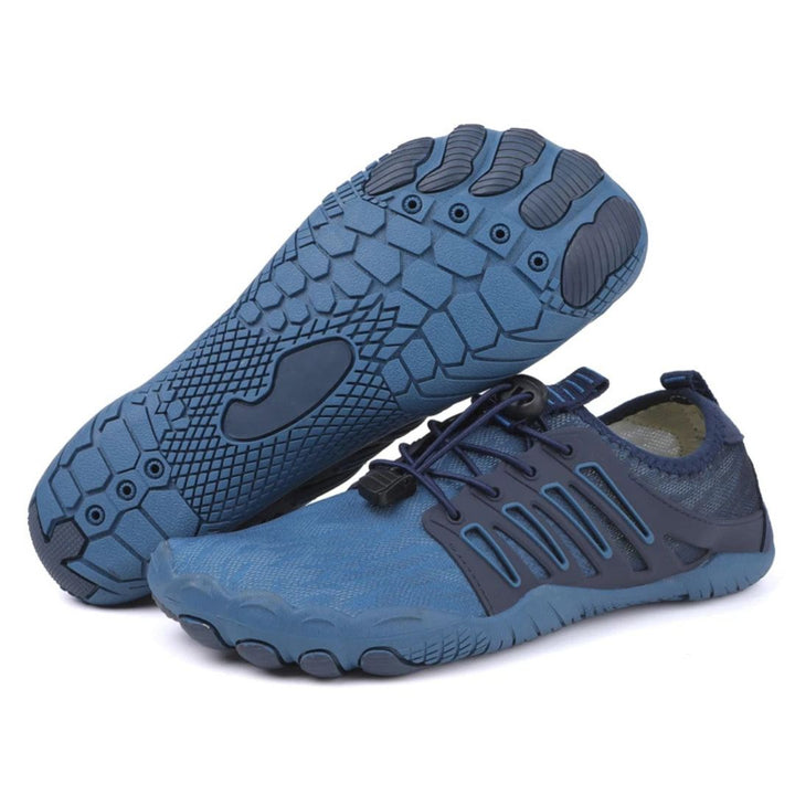 "Men's orthopedic barefoot shoes with flexible sole, ergonomic design, shown in dynamic colors for comfort and support."