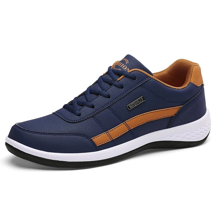 "Men's orthopedic blue leather sneakers, stylish and comfortable with arch support, ideal for casual and semi-formal outfits.