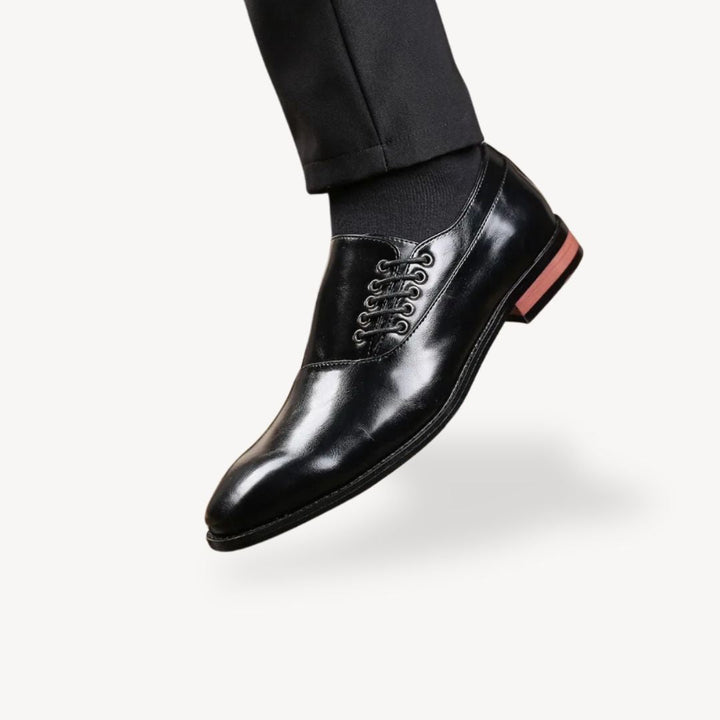 "Men's orthopedic leather side lace dress shoes, classic Oxford design, available in brown, black, and burgundy colors."
