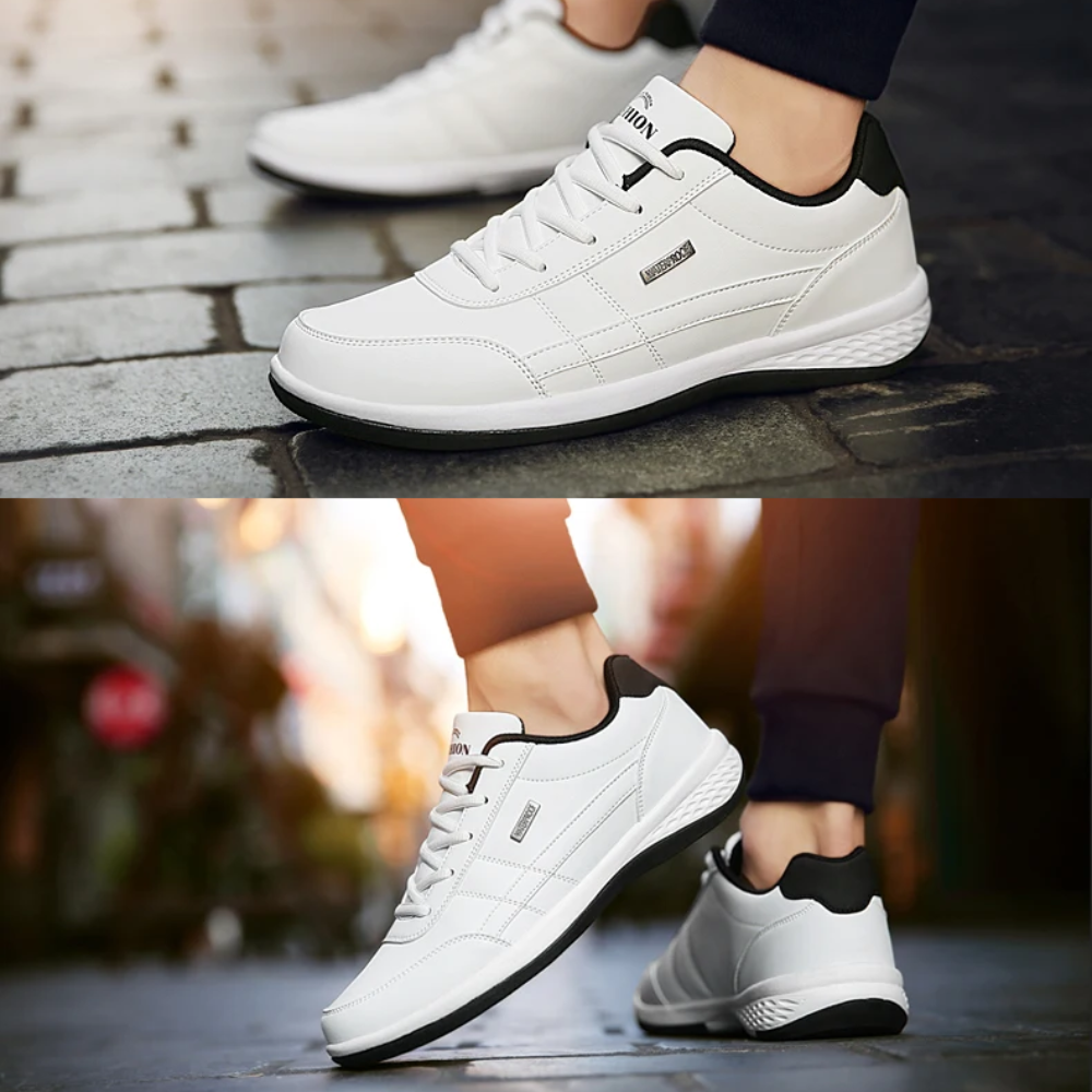 "Men's orthopedic leather sneakers in white, offering comfort, style, and orthopedic support, with breathable design."