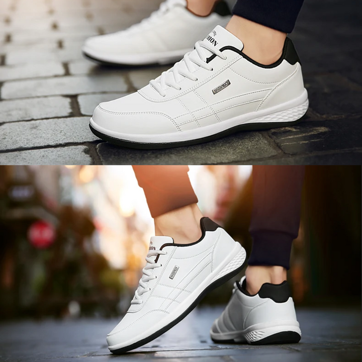 "Men's orthopedic leather sneakers in white, offering comfort, style, and orthopedic support, with breathable design."