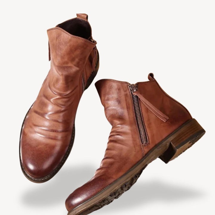Men's orthopedic retro boots in genuine leather, rich brown color, showcasing comfort, durability, and vintage style.