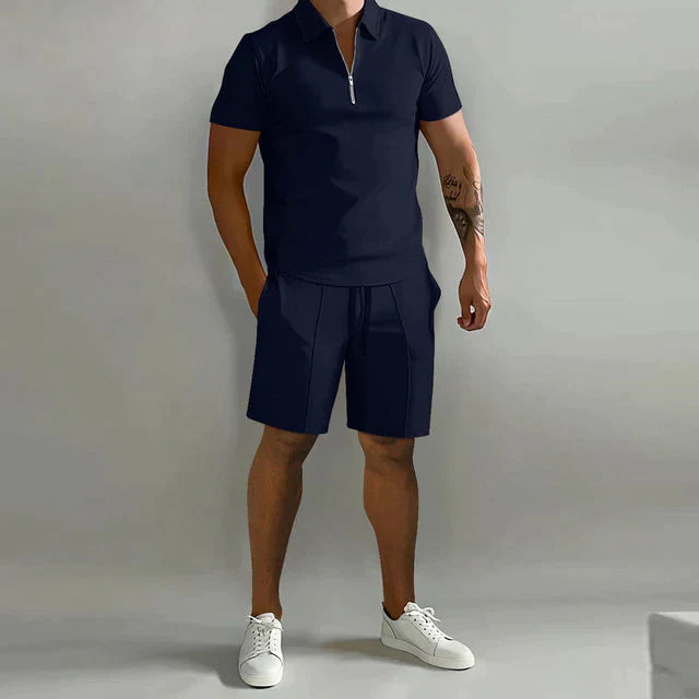 "Men's polo and shorts two-piece set; stylish, lightweight, and breathable for smart-casual wear, perfect for summer."