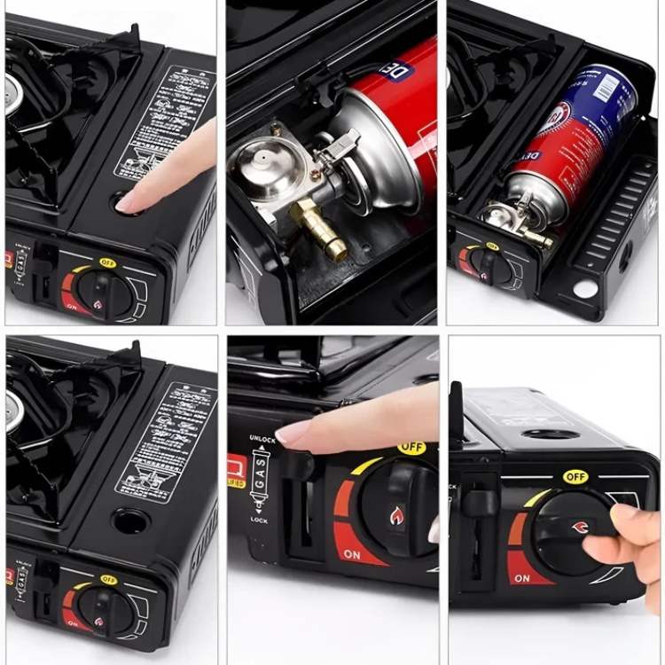 "Men's portable outdoor camping gas stove with 2100W power, compact design, ideal for adventurous cooking."