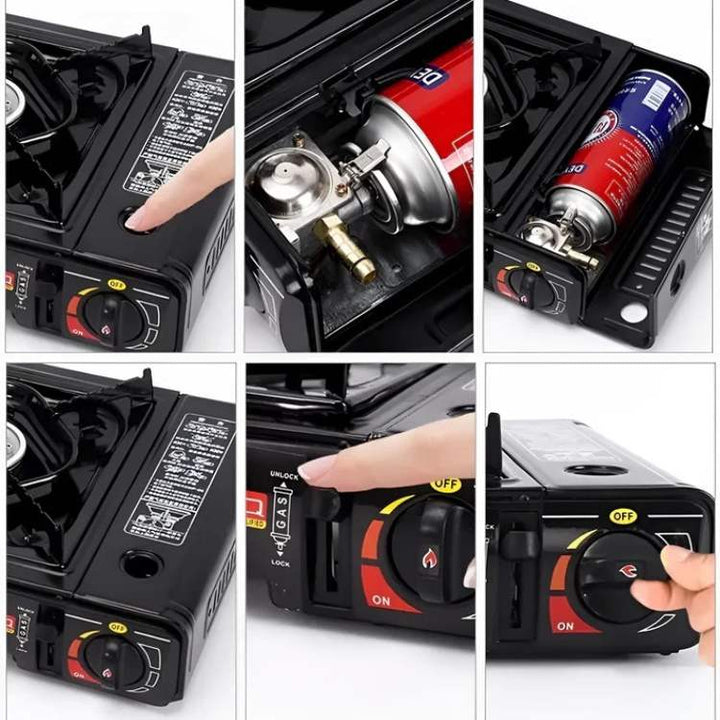"Men's portable outdoor camping gas stove with 2100W power, compact design, ideal for adventurous cooking."
