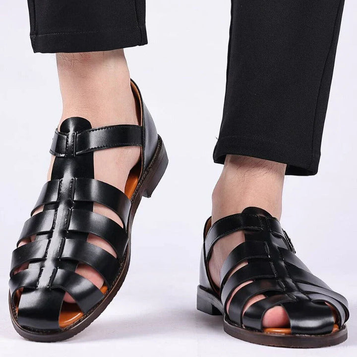 Men's premium leather sandals with adjustable straps, breathable design, ergonomic footbed in brown for versatile wear.