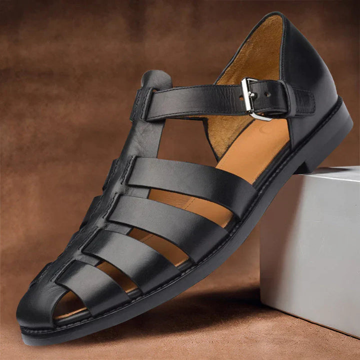 Men's premium leather sandals with adjustable straps, breathable design, ergonomic footbed in brown for versatile wear.