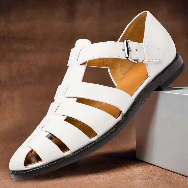Men's premium leather sandals with adjustable straps, breathable design, ergonomic footbed in brown for versatile wear.