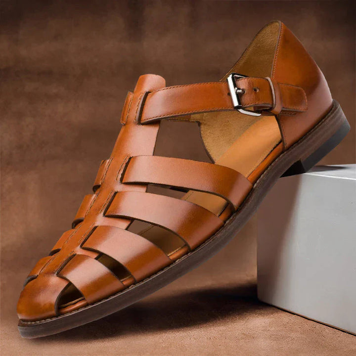 Men's premium leather sandals with adjustable straps, breathable design, ergonomic footbed in brown for versatile wear.