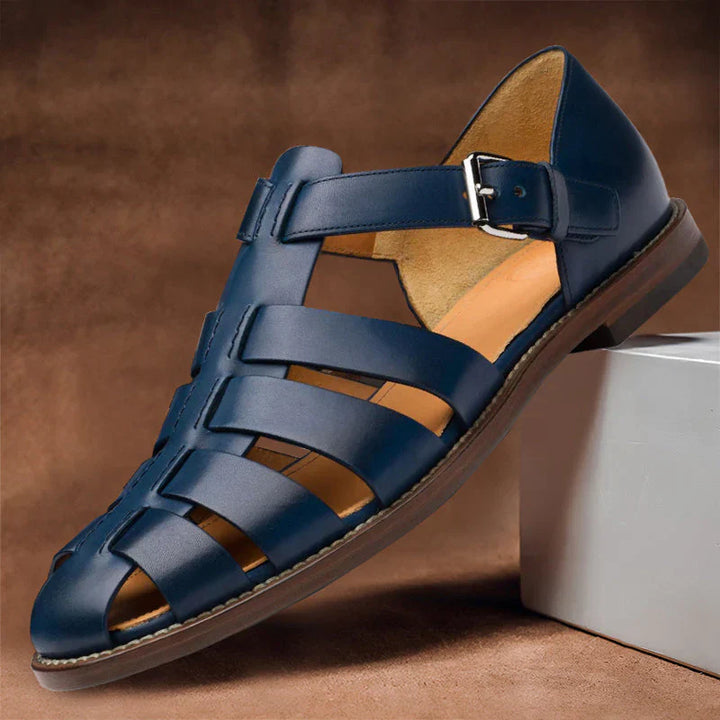 Men's premium leather sandals with adjustable straps, breathable design, ergonomic footbed in brown for versatile wear.