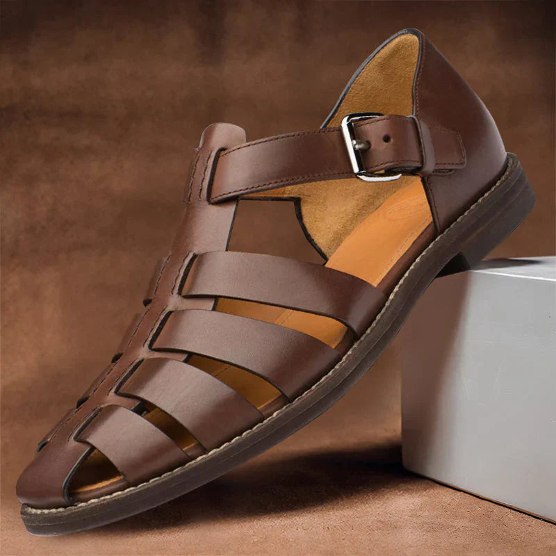 Men's premium leather sandals with adjustable straps, breathable design, ergonomic footbed in brown for versatile wear.