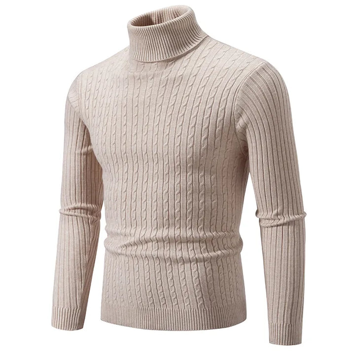 "Men's premium turtleneck sweater in dark grey, featuring a high collar, soft knit, offering warmth and timeless style."