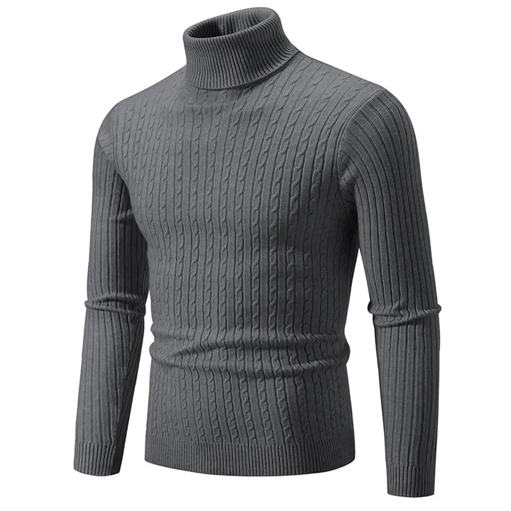 "Men's premium turtleneck sweater in dark grey, featuring a high collar, soft knit, offering warmth and timeless style."