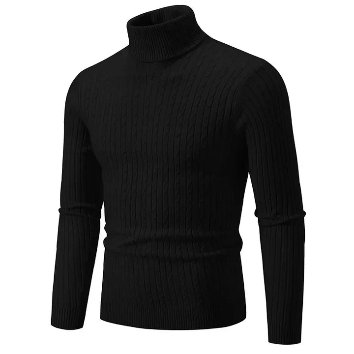 "Men's premium turtleneck sweater in dark grey, featuring a high collar, soft knit, offering warmth and timeless style."