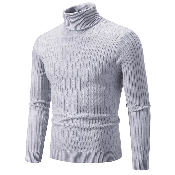 "Men's premium turtleneck sweater in dark grey, featuring a high collar, soft knit, offering warmth and timeless style."