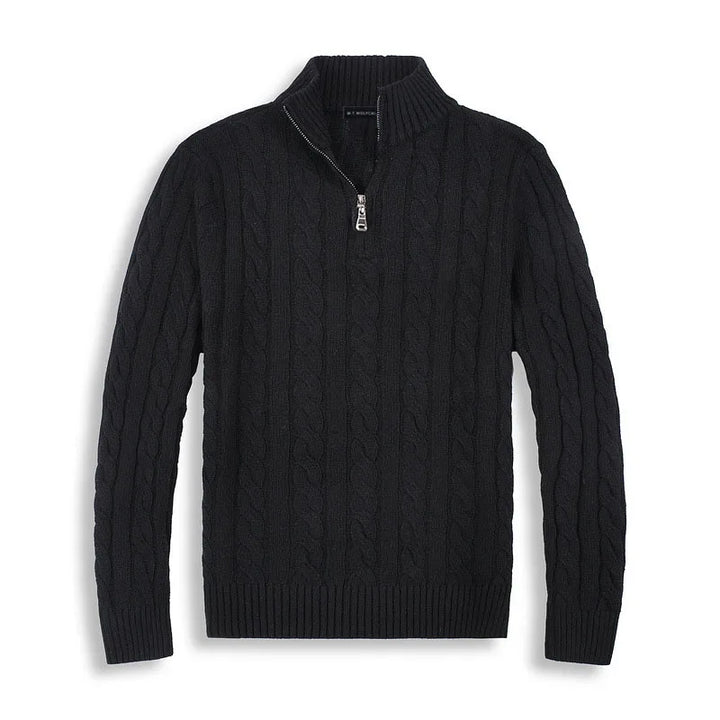 "Men's regular fit cable knit half zip sweater in cotton blend with ribbed trim, ideal for layering in fall and winter fashio