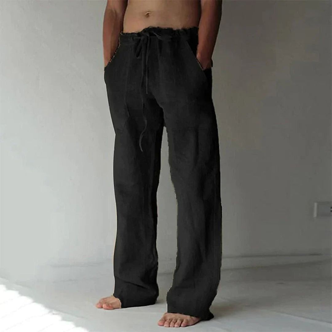 "Men's relaxed fit casual linen lounge pants; adjustable waist, versatile design, side pockets, ideal for leisure and outings