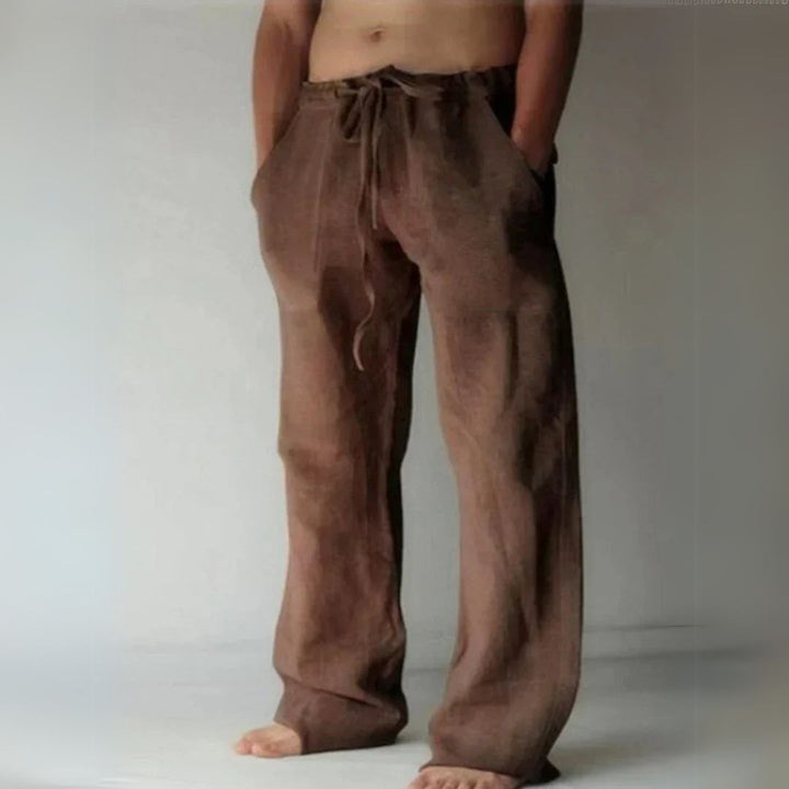 "Men's relaxed fit casual linen lounge pants; adjustable waist, versatile design, side pockets, ideal for leisure and outings