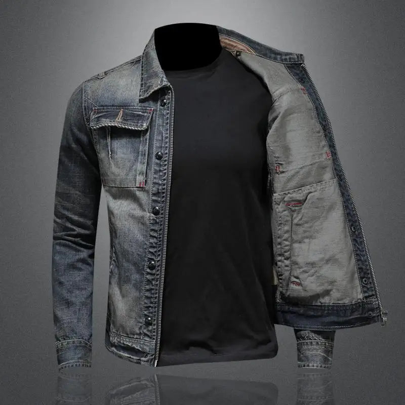 Men's Retro Denim Jacket with Vintage Style, high-quality denim, timeless look, versatile fit for casual or style statement.