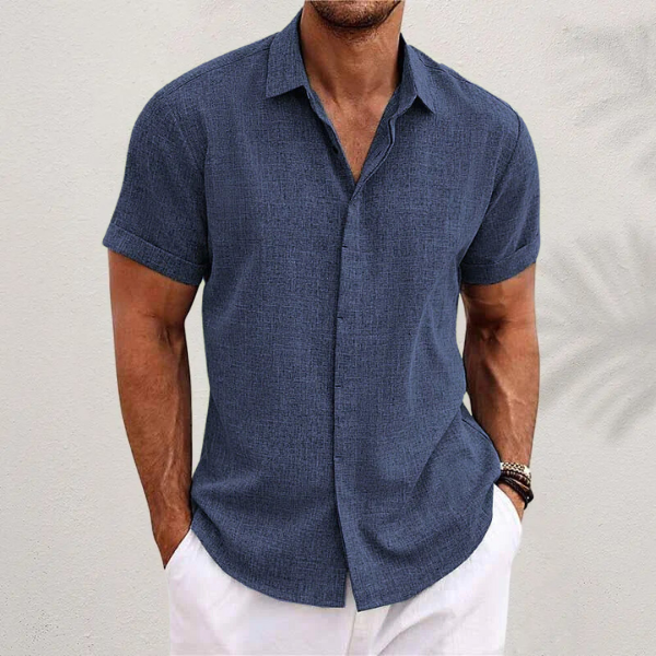 "Men's short sleeve linen shirt front view, lightweight, breathable, classic fit, perfect for summer and casual outings."