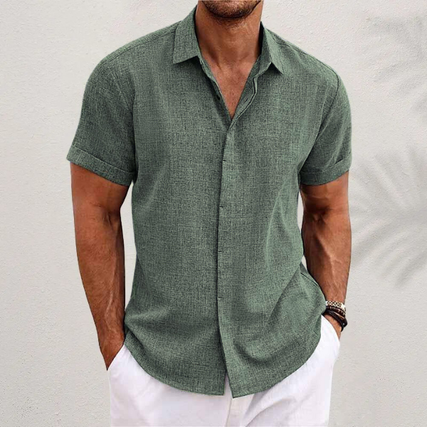 "Men's short sleeve linen shirt front view, lightweight, breathable, classic fit, perfect for summer and casual outings."