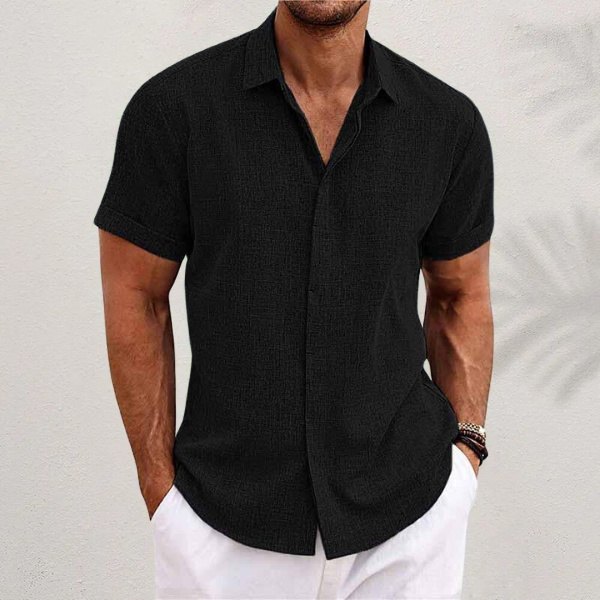 "Men's short sleeve linen shirt front view, lightweight, breathable, classic fit, perfect for summer and casual outings."