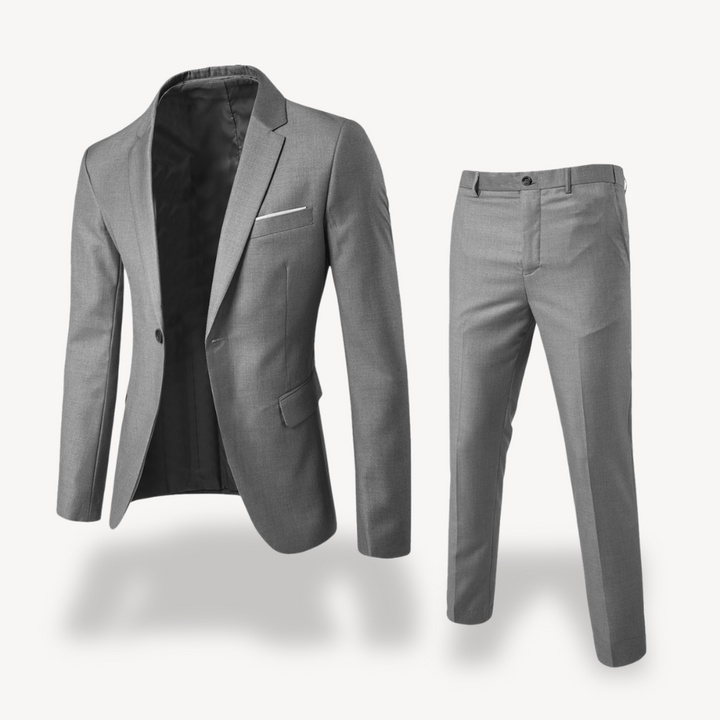 "Men's slim fit black two-piece suit, formal attire with jacket and trousers, sleek silhouette for weddings or meetings."