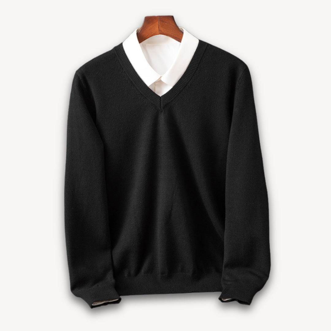 "Men's slim fit cashmere V-neck sweater in black, showcasing soft fabric and versatile design for casual or formal wear."
