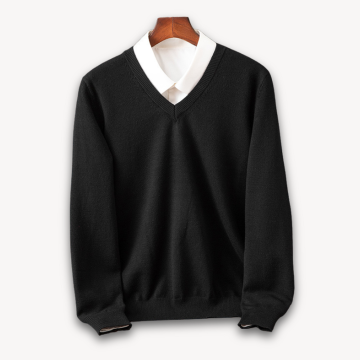 "Men's slim fit cashmere V-neck sweater in black, showcasing soft fabric and versatile design for casual or formal wear."