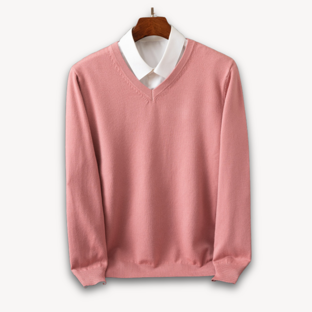 "Men's slim fit cashmere V-neck sweater in black, showcasing soft fabric and versatile design for casual or formal wear."