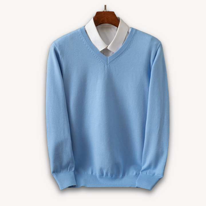 "Men's slim fit cashmere V-neck sweater in black, showcasing soft fabric and versatile design for casual or formal wear."