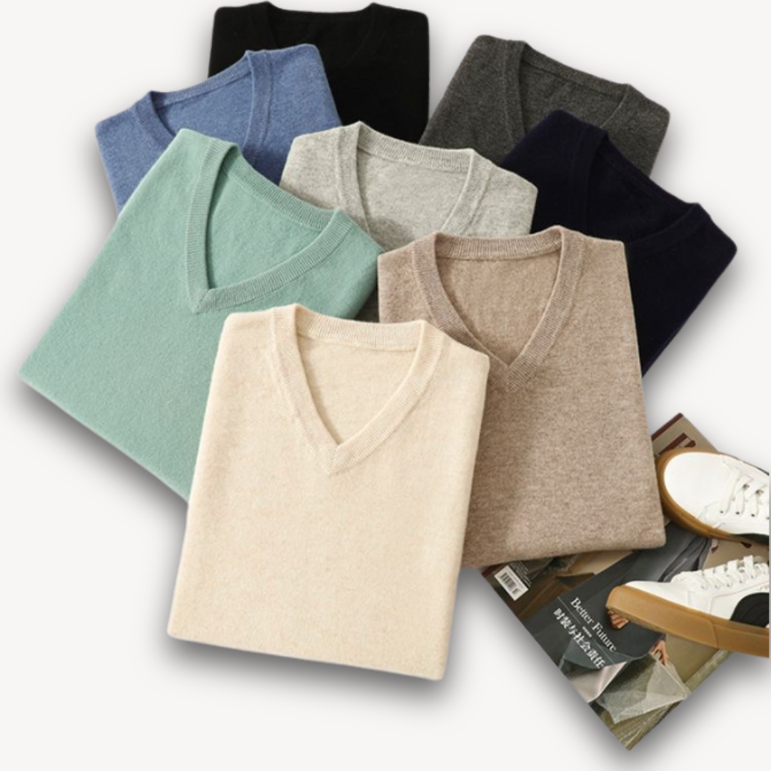 "Men's slim fit cashmere V-neck sweater in black, showcasing soft fabric and versatile design for casual or formal wear."