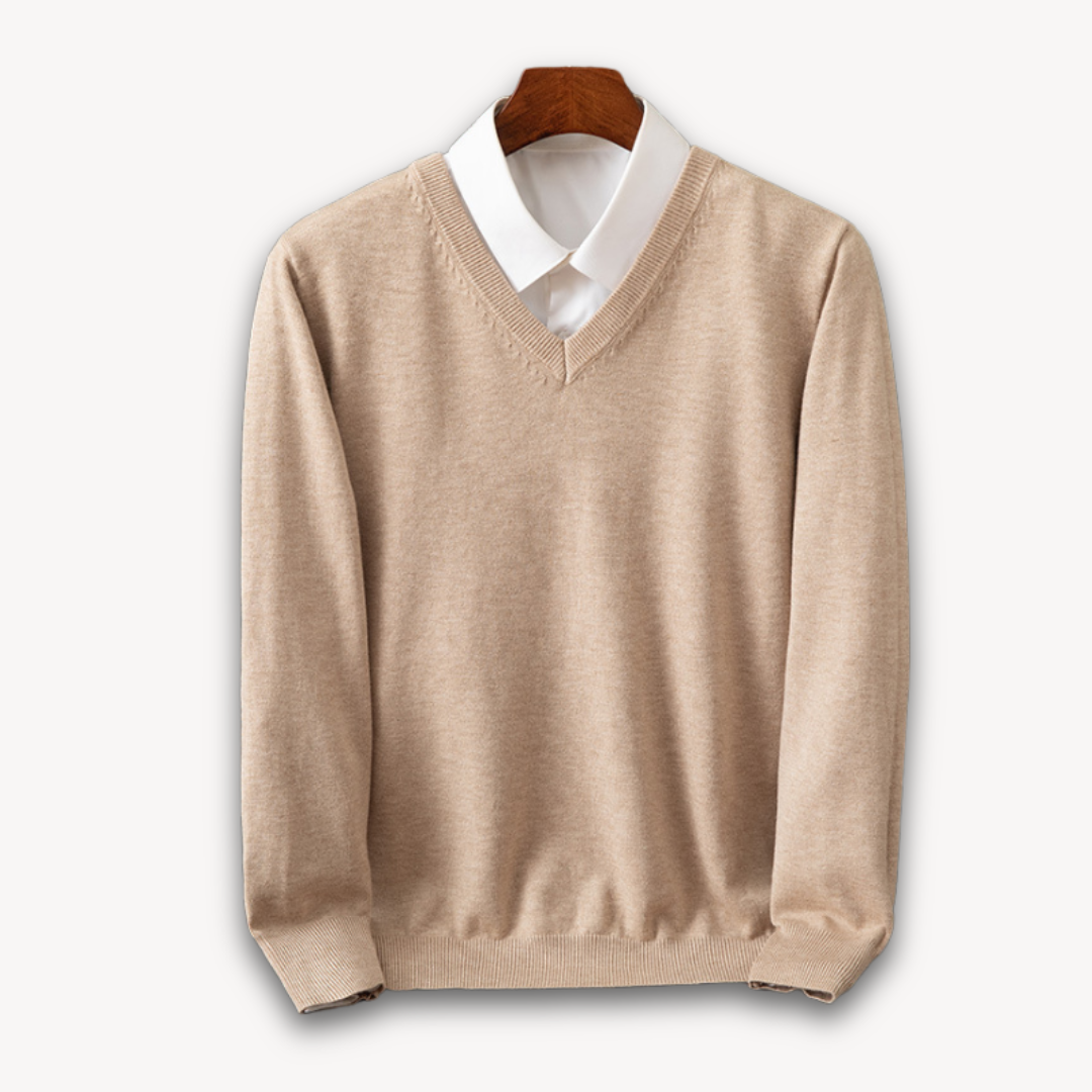 "Men's slim fit cashmere V-neck sweater in black, showcasing soft fabric and versatile design for casual or formal wear."