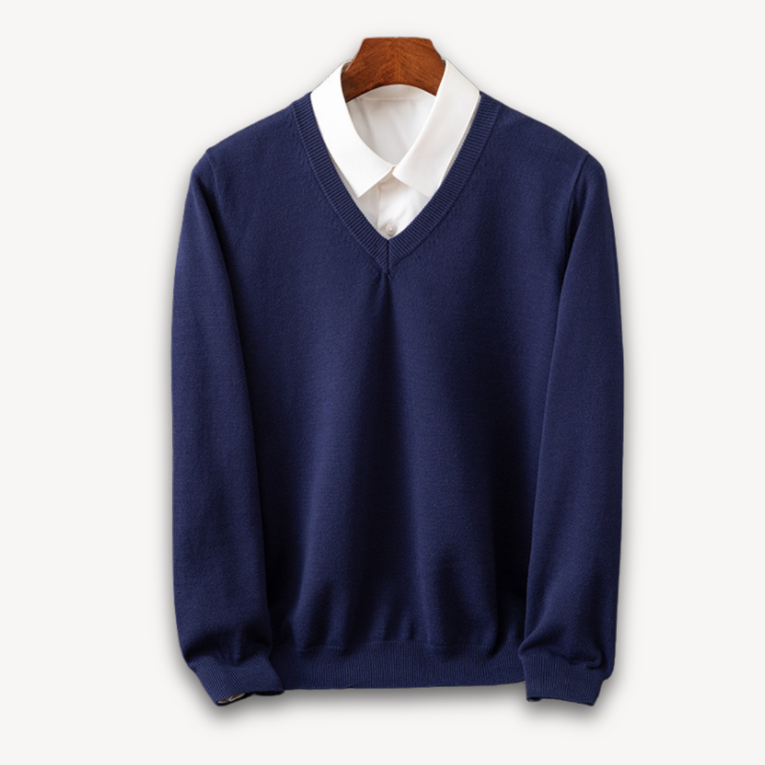 "Men's slim fit cashmere V-neck sweater in black, showcasing soft fabric and versatile design for casual or formal wear."