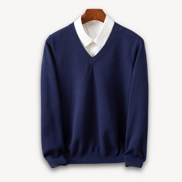 "Men's slim fit cashmere V-neck sweater in black, showcasing soft fabric and versatile design for casual or formal wear."
