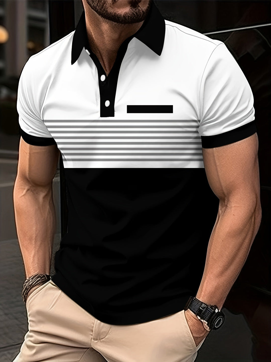 Men's slim fit striped polo shirt with short sleeves and contrasting collar, ideal for smart casual fashion.
