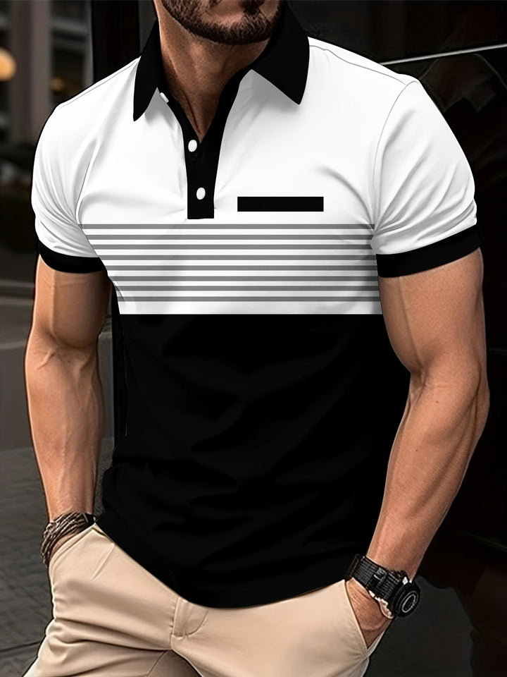 Men's slim fit striped polo shirt with short sleeves and contrasting collar, ideal for smart casual fashion.