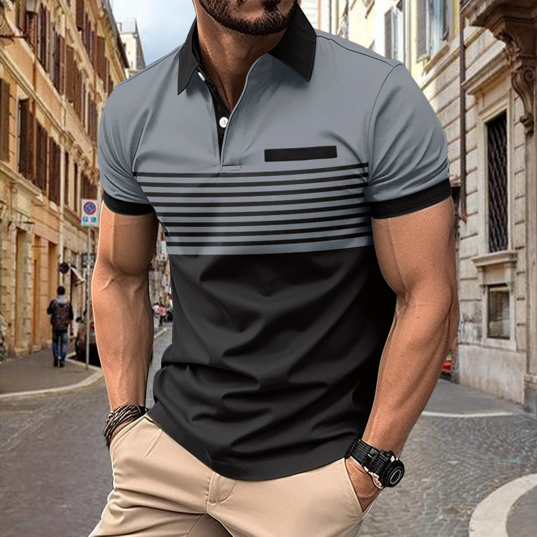 Men's slim fit striped polo shirt with short sleeves and contrasting collar, ideal for smart casual fashion.