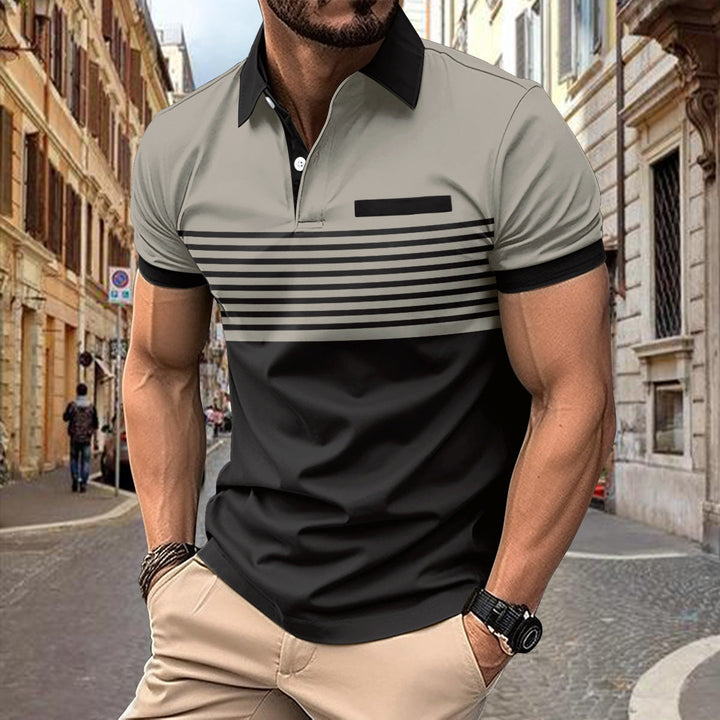 Men's slim fit striped polo shirt with short sleeves and contrasting collar, ideal for smart casual fashion.