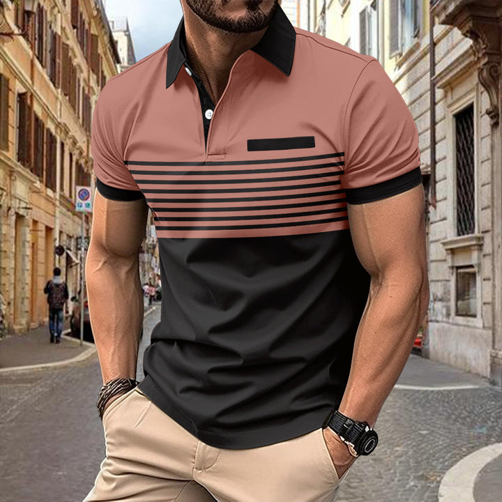 Men's slim fit striped polo shirt with short sleeves and contrasting collar, ideal for smart casual fashion.